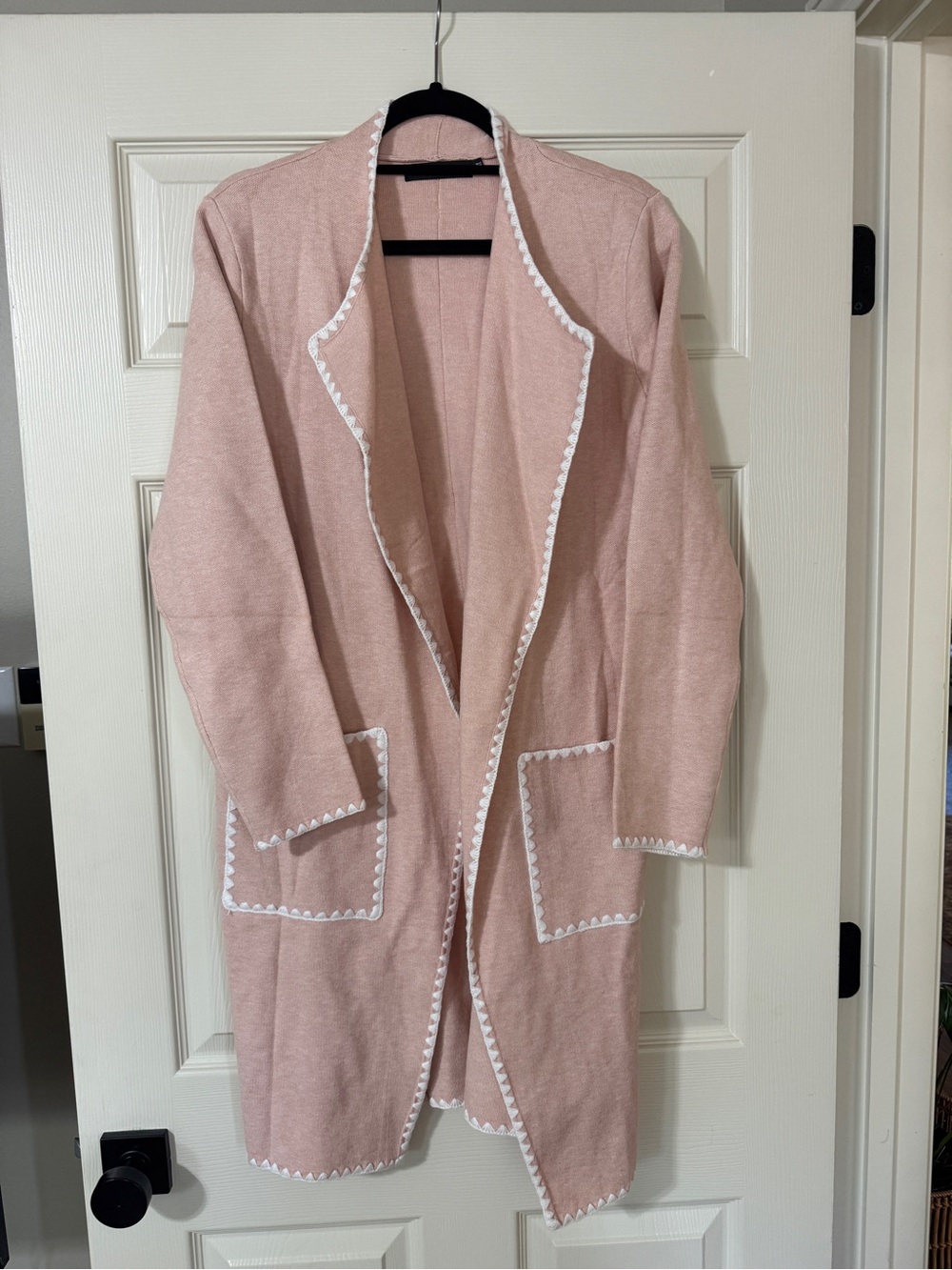 zestt Blush Pink Open-Front Cardigan with White Trim